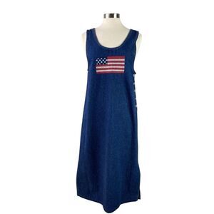 Lindsey Michelle Vintage Blue Denim American Flag Jumper Dress Cotton Size XL